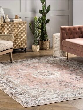 NuLOOM 6' x 6’ Square Washable Vintage Area Rug Peach Beige Distressed Floral